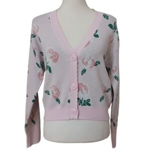 Floral Pink Rose Print Cardigan Sweater Button Front Top Size Small Women's